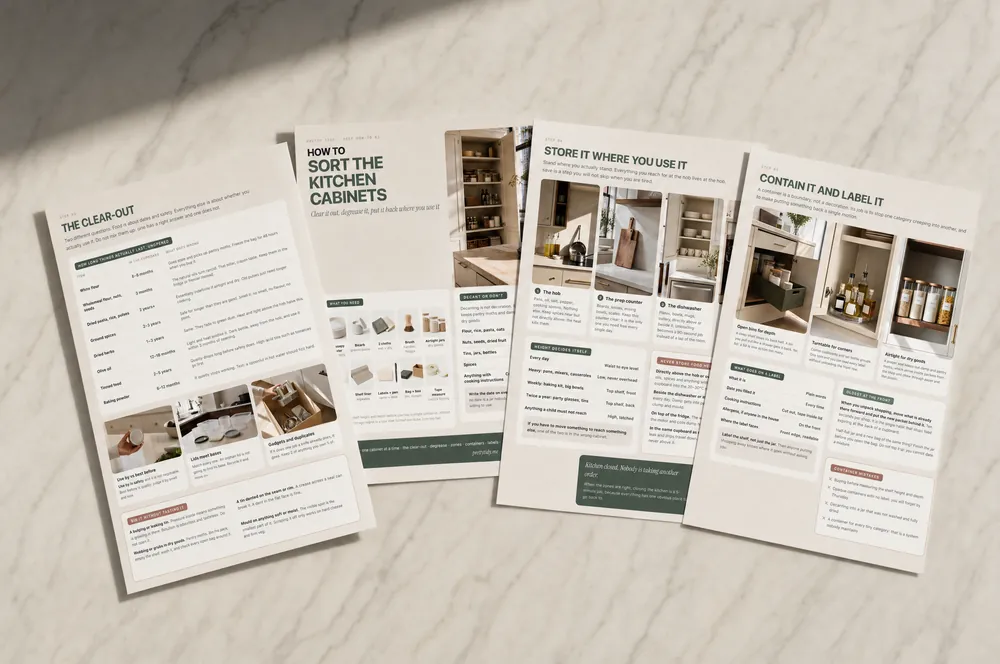 Four printed step-by-step guide sheets