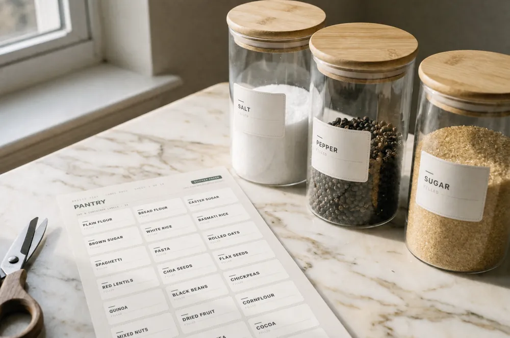 A printed sheet of pantry labels beside labelled glass jars